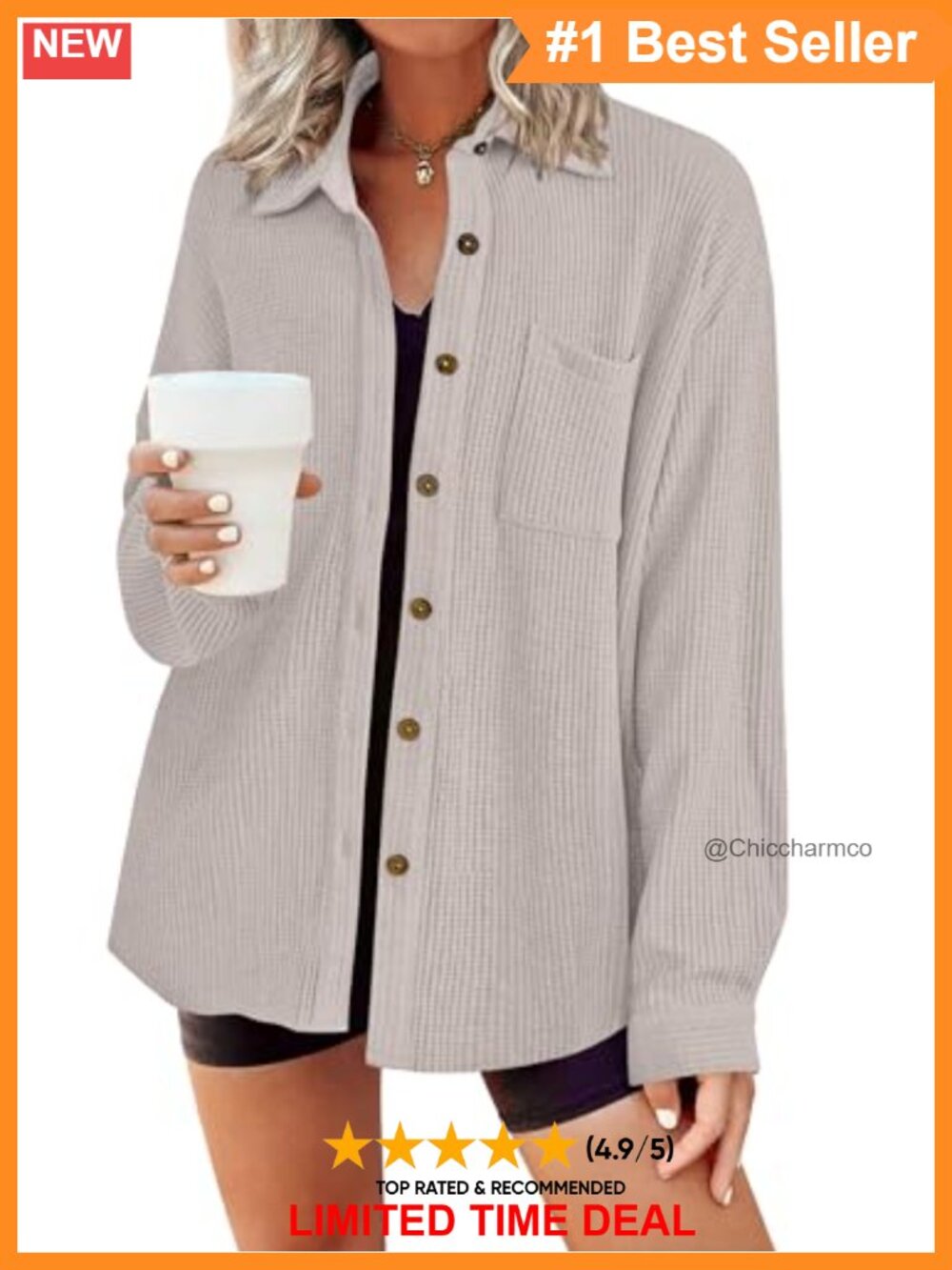 Waffle Knit Button Down Shacket Long Sleeve V-Neck Women's Shirt with Pocket